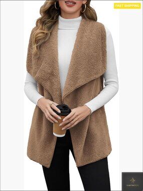 Oversized Sherpa Fleece Vest Sleeveless Open Front Fluffy Winter Outerwear with